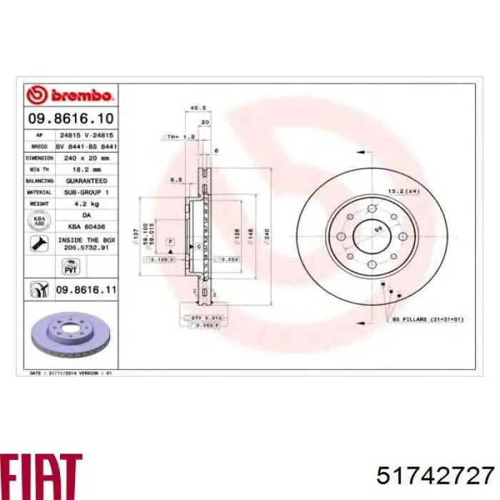 51742727 Fiat/Alfa/Lancia freno de disco delantero