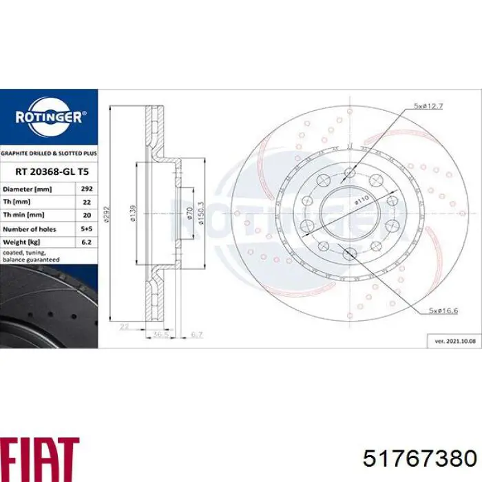 51767380 Fiat/Alfa/Lancia disco de freno trasero