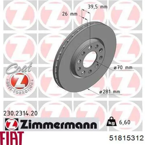 51815312 Fiat/Alfa/Lancia freno de disco delantero