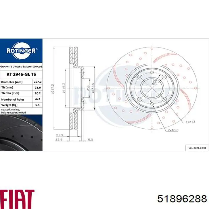 51896288 Fiat/Alfa/Lancia freno de disco delantero