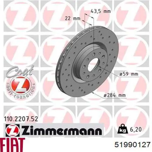 51990127 Fiat/Alfa/Lancia freno de disco delantero