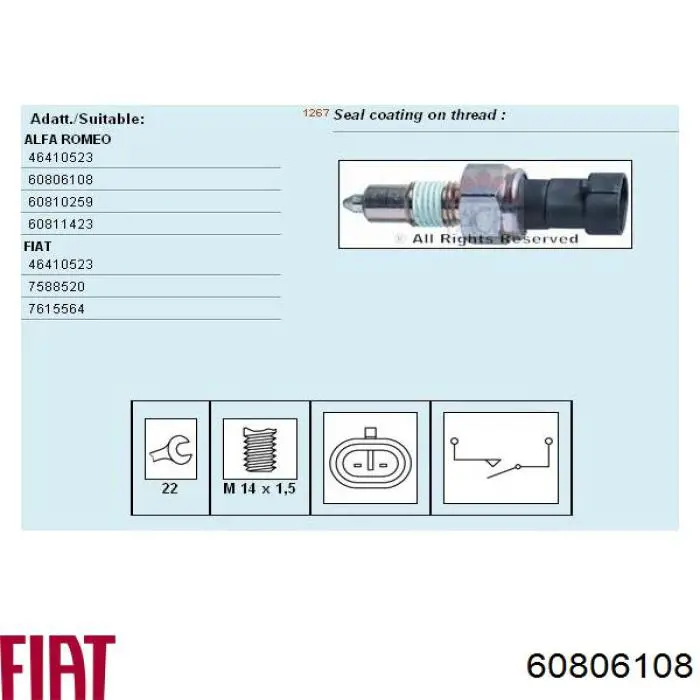 60806108 Fiat/Alfa/Lancia interruptor, piloto de marcha atrás