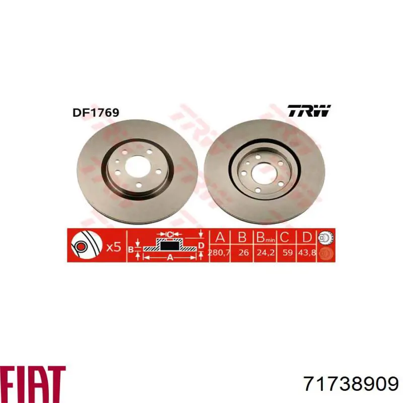 71738909 Fiat/Alfa/Lancia freno de disco delantero