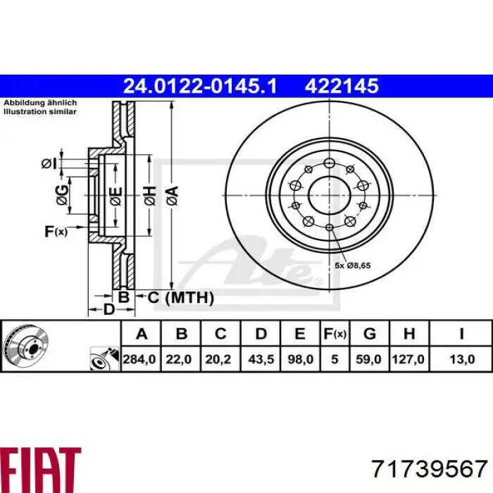 71739567 Fiat/Alfa/Lancia freno de disco delantero