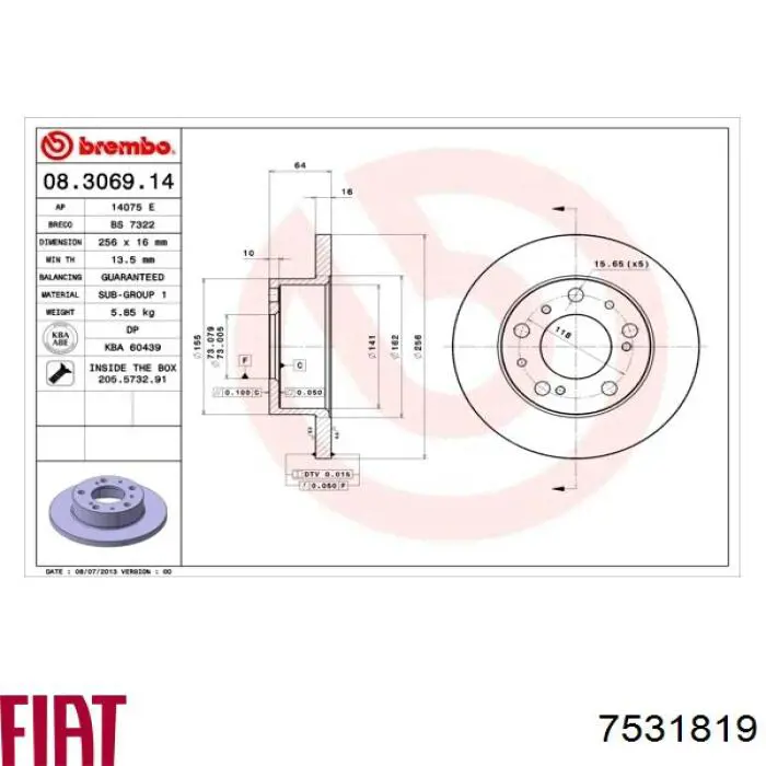 7531819 Fiat/Alfa/Lancia freno de disco delantero