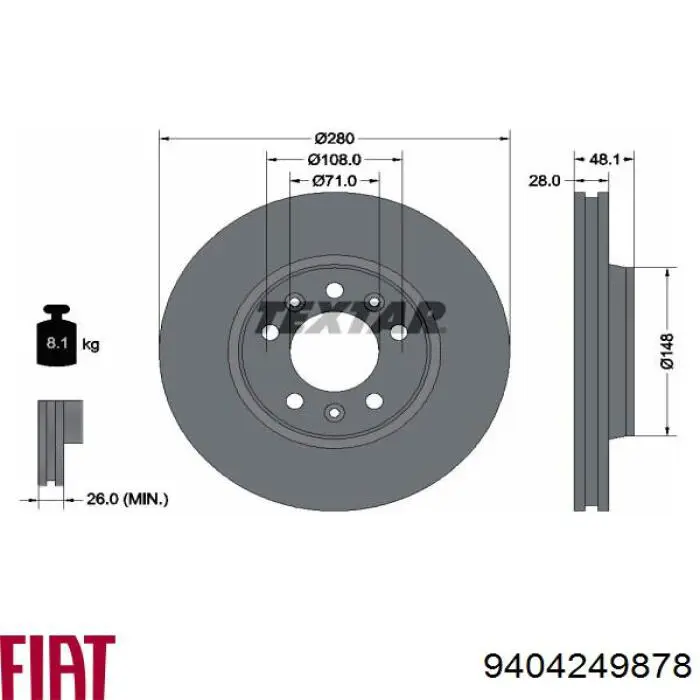 9404249878 Fiat/Alfa/Lancia freno de disco delantero