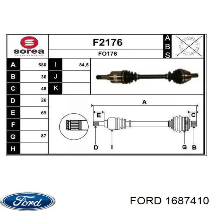 1687410 Ford árbol de transmisión delantero izquierdo