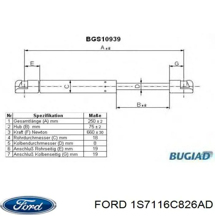 1S7116C826AD Ford muelle neumático, capó de motor