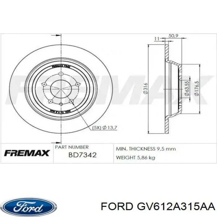 GV612A315AA Ford disco de freno trasero