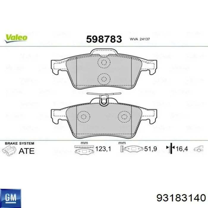 93183140 General Motors pastillas de freno traseras