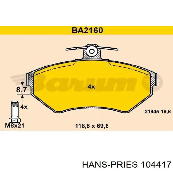 104 417 Hans Pries (Topran) pastillas de freno delanteras