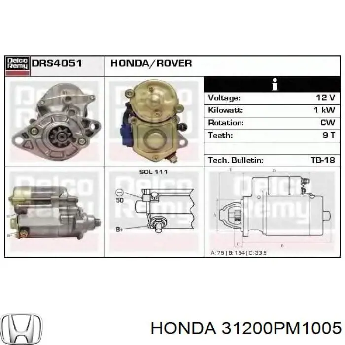 31200PM1005 Honda motor de arranque