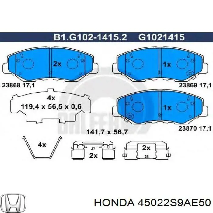 45022S9AE50 Honda pastillas de freno delanteras