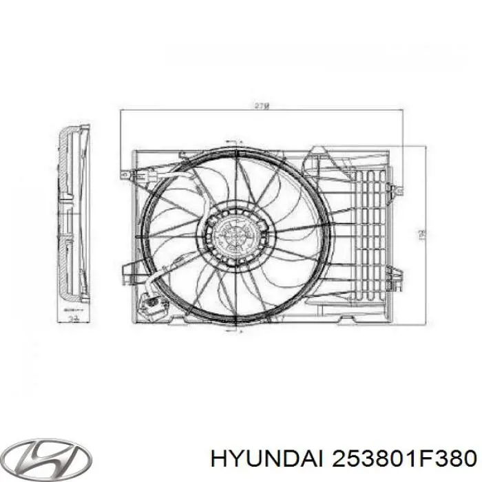 253801F380 Hyundai/Kia difusor de radiador, ventilador de refrigeración, condensador del aire acondicionado, completo con motor y rodete