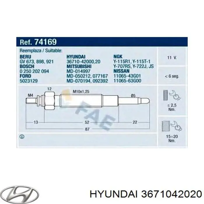 3671042020 Hyundai/Kia bujía de incandescencia