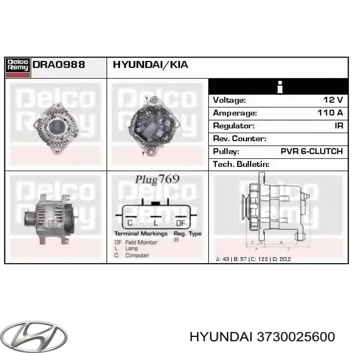 3730025600 Hyundai/Kia alternador