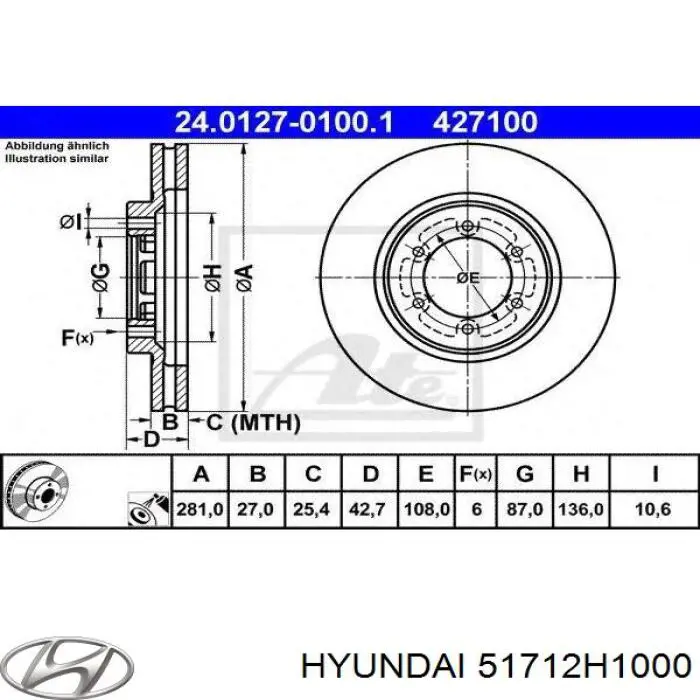 51712H1000 Hyundai/Kia freno de disco delantero