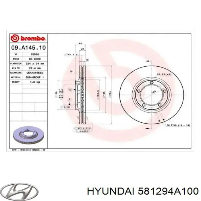 581294A100 Hyundai/Kia freno de disco delantero