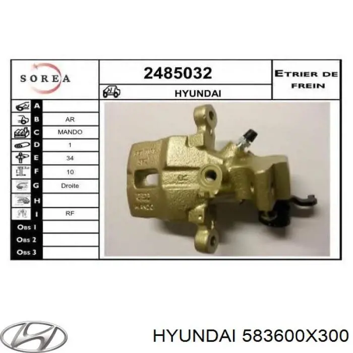 583600X300 Hyundai/Kia pinza de freno trasero derecho