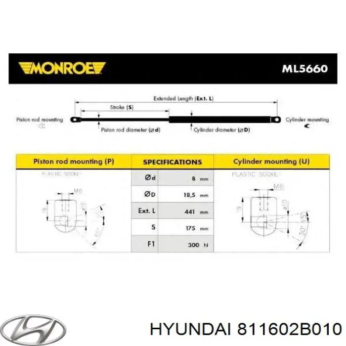 811602B010 Hyundai/Kia muelle neumático, capó de motor