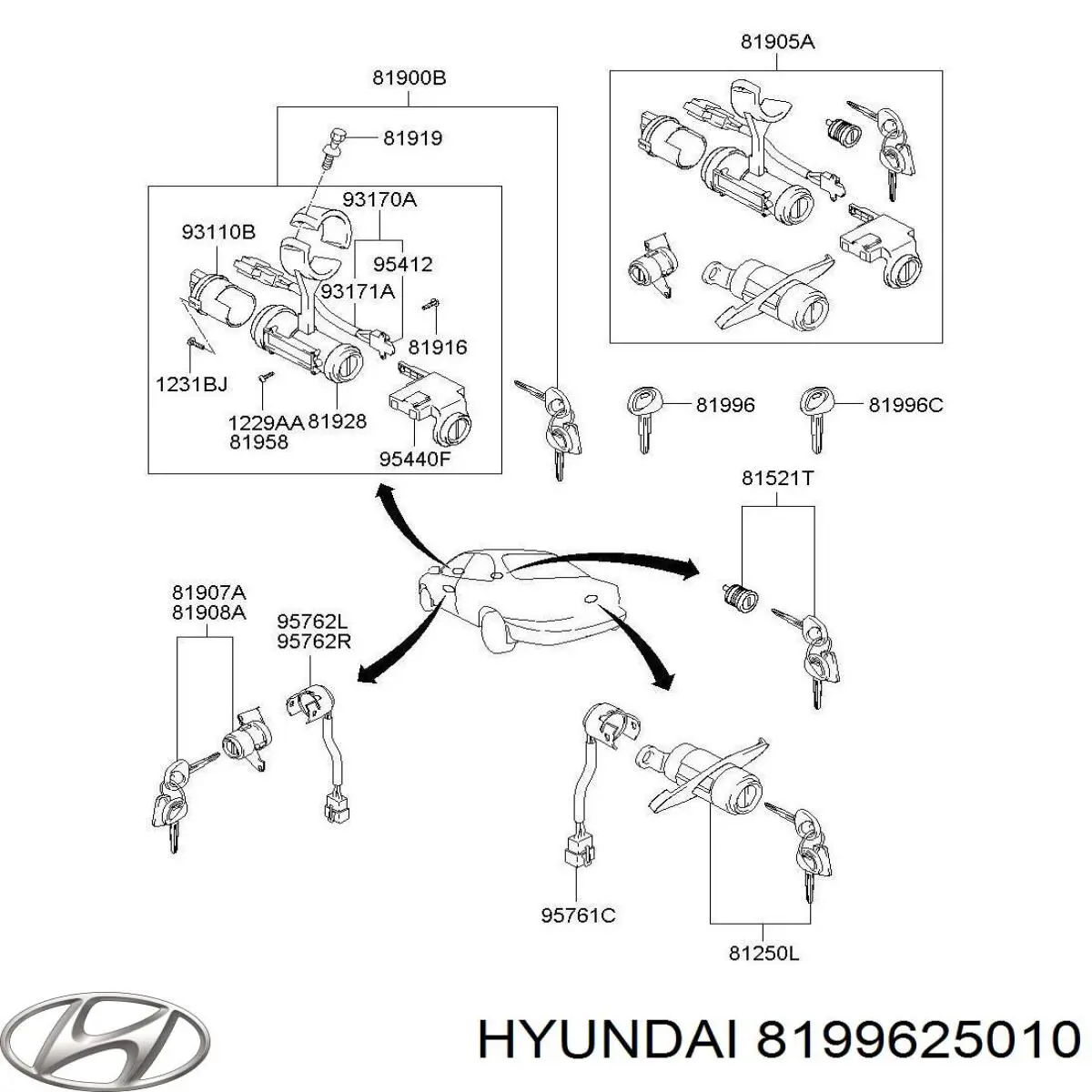 8199625010 Hyundai/Kia conjunto transmisor control de puertas / clave en blanco