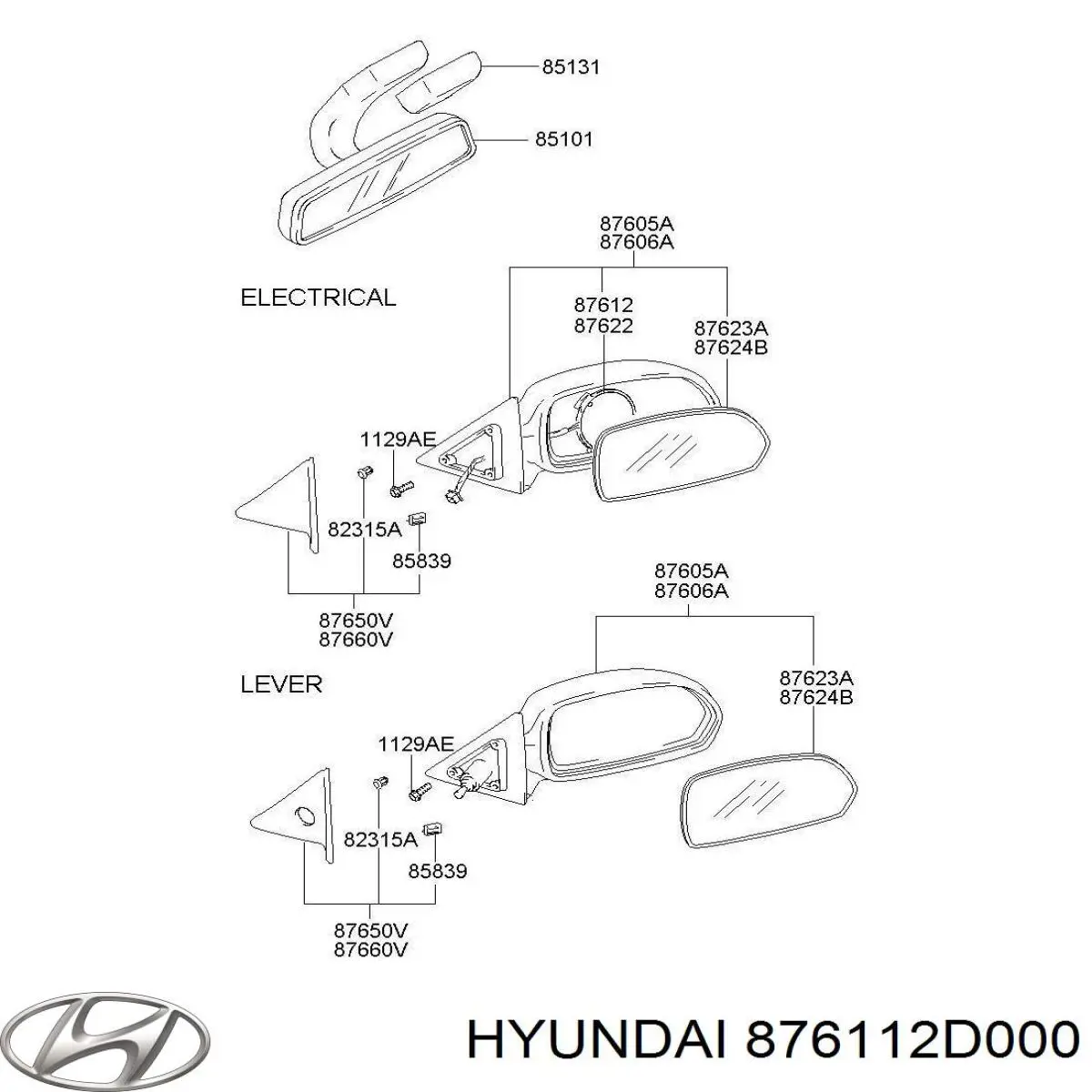 876112D000 Hyundai/Kia cristal de espejo retrovisor exterior izquierdo