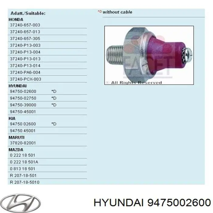 9475002600 Hyundai/Kia indicador, presión del aceite