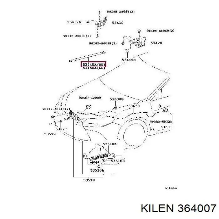 364007 Kilen muelle neumático, capó de motor derecho