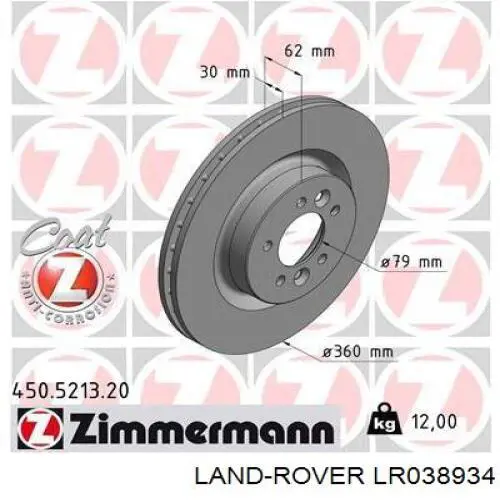 LR038934 Land Rover freno de disco delantero