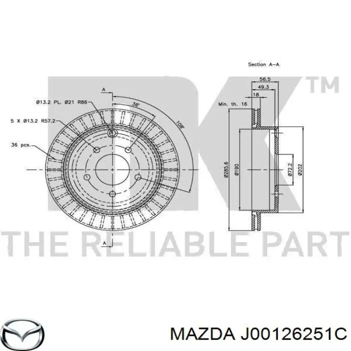 J00126251C Mazda disco de freno trasero