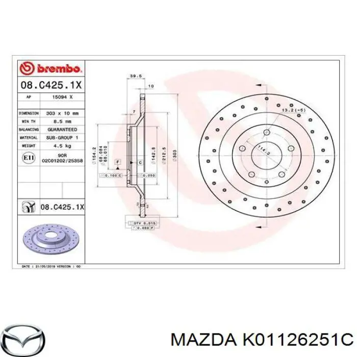 K01126251C Mazda disco de freno trasero