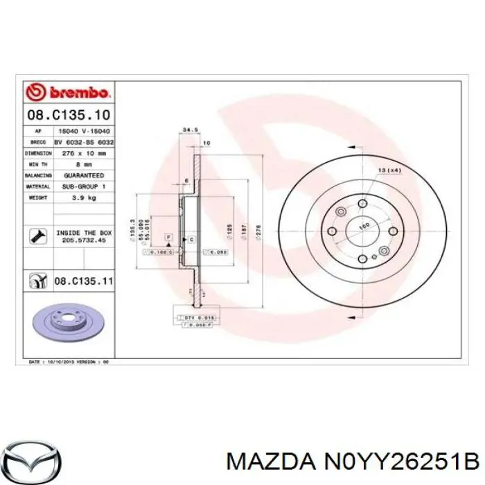 N0YY26251B Mazda disco de freno trasero