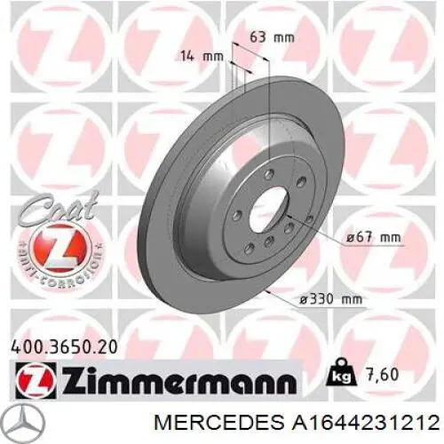 A1644231212 Mercedes disco de freno trasero