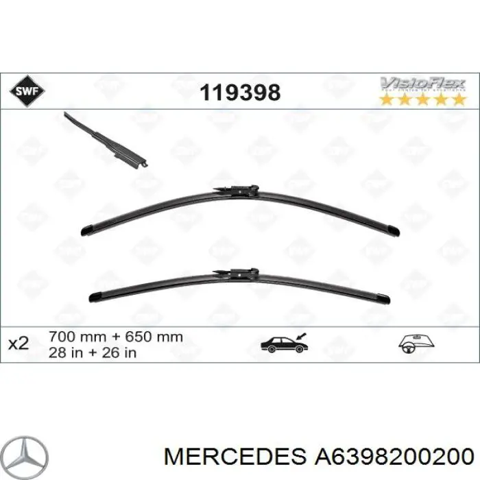 A6398200200 Mercedes juego de limpiaparabrisas de luna delantera, 2 piezas