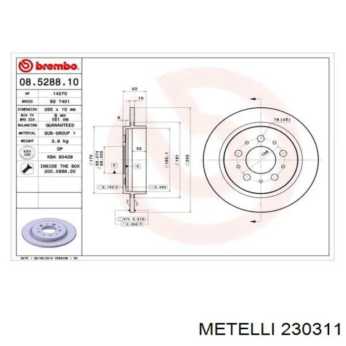 23-0311 Metelli disco de freno trasero