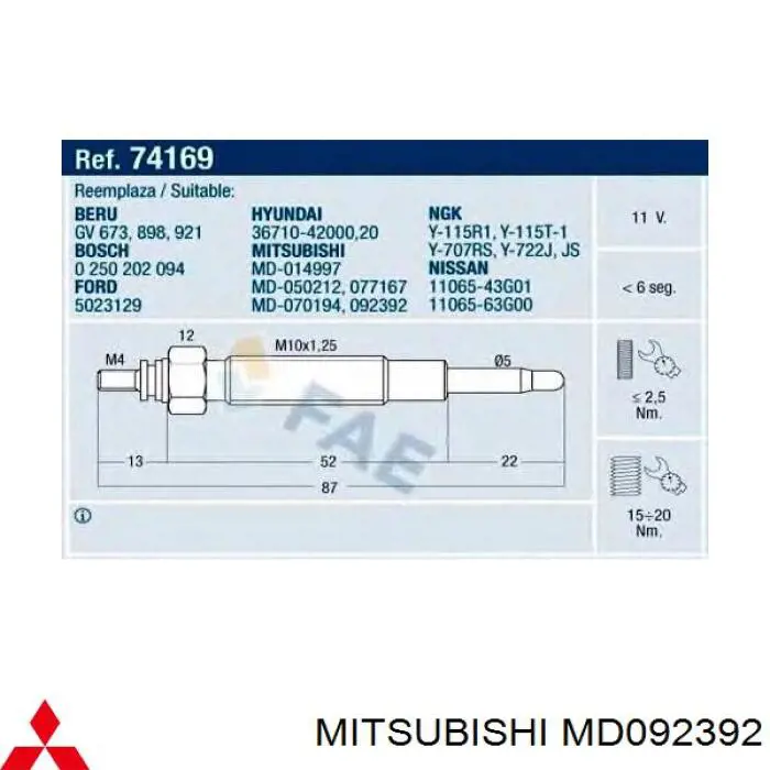 MD092392 Mitsubishi bujía de incandescencia