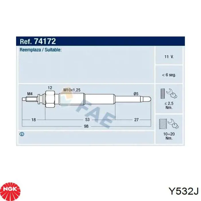 Y-532J NGK bujía de incandescencia