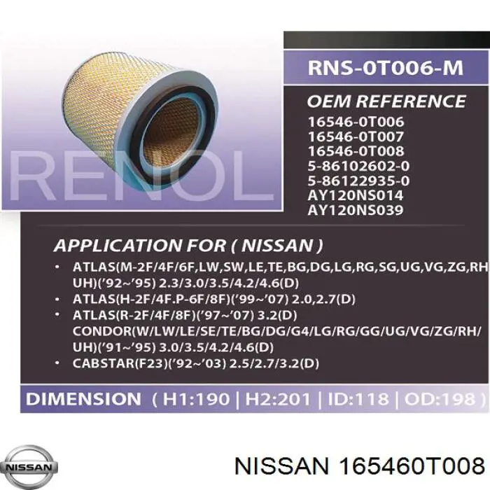 165460T008 Nissan filtro de aire