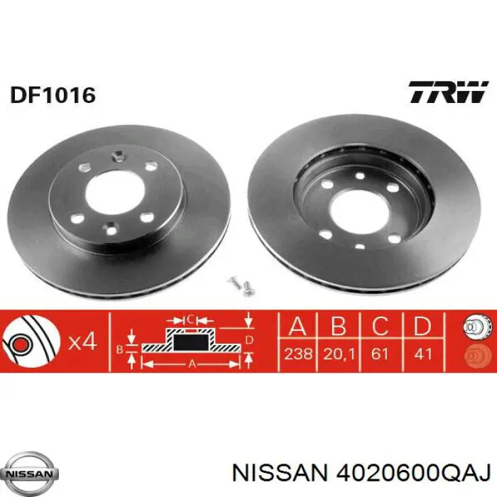 4020600QAJ Nissan freno de disco delantero