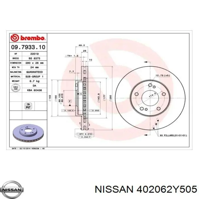 402062Y505 Nissan freno de disco delantero