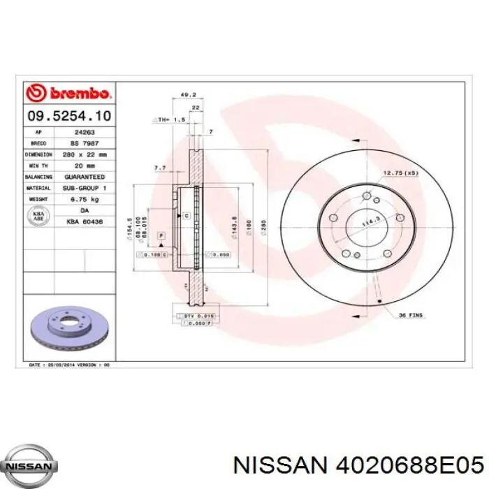 4020688E05 Nissan freno de disco delantero