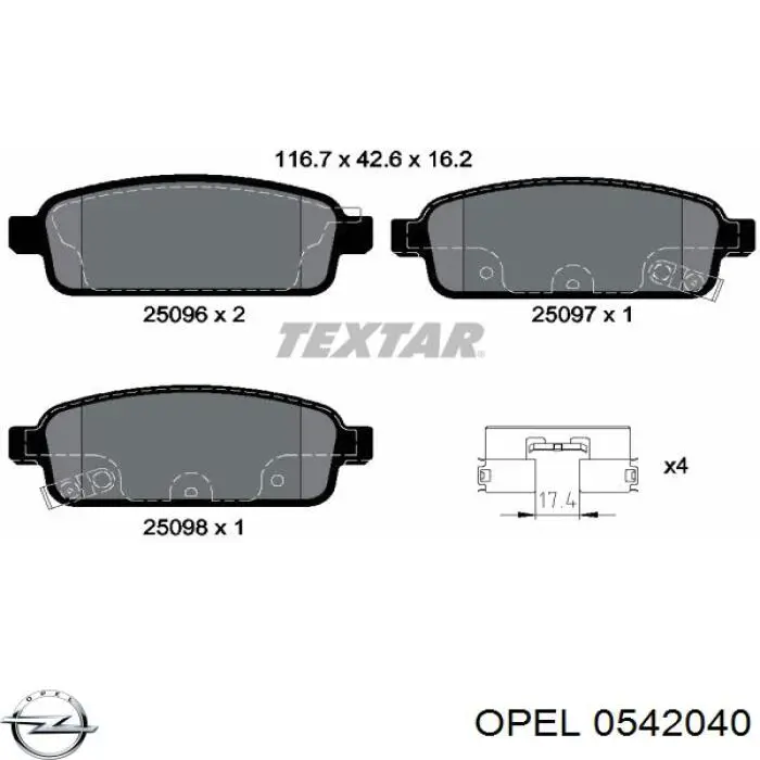 0542040 Opel pastillas de freno traseras