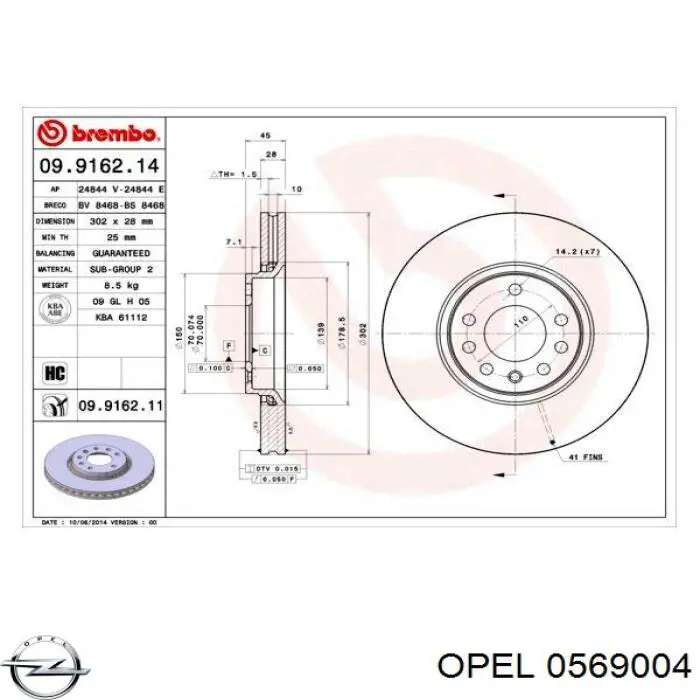 0569004 Opel freno de disco delantero