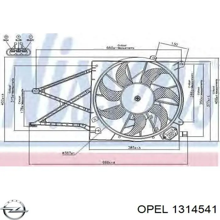 1314541 Opel difusor de radiador, ventilador de refrigeración, condensador del aire acondicionado, completo con motor y rodete