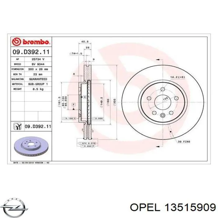 13515909 Opel freno de disco delantero