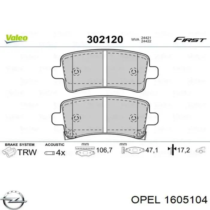 1605104 Opel pastillas de freno traseras