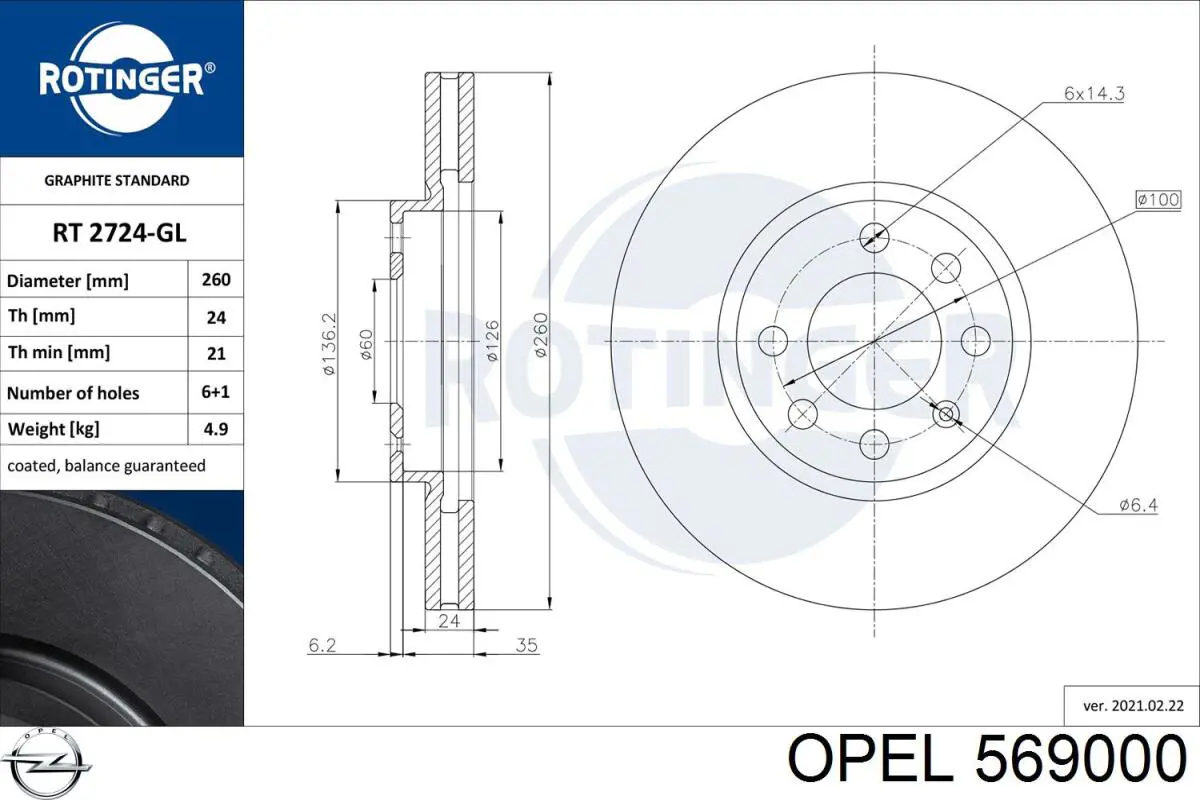 569000 Opel freno de disco delantero