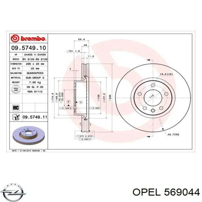 569044 Opel freno de disco delantero