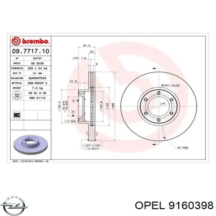 9160398 Opel freno de disco delantero