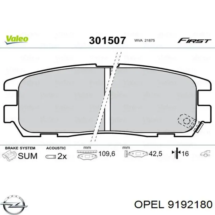 9192180 Opel pastillas de freno traseras